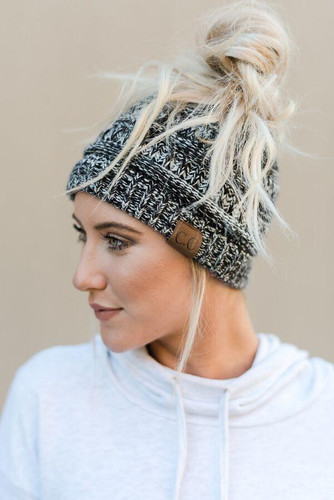 Messy Bun Beanie Hat - Marled Black