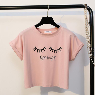 Merry Pretty New Summer Fashion Women Solid Pink Punk Style O-neck Short Sleeve T-shirt Letter &amp; Eyelash Printed Crop Top Tees