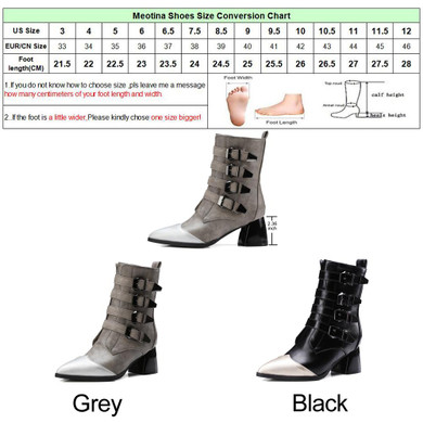 Meotina Shoes Women Western Boots Buckle Mid Calf Boots Fur Zip Thick High Heels Winter Women Boots Gray Black Big Size 10 40 43