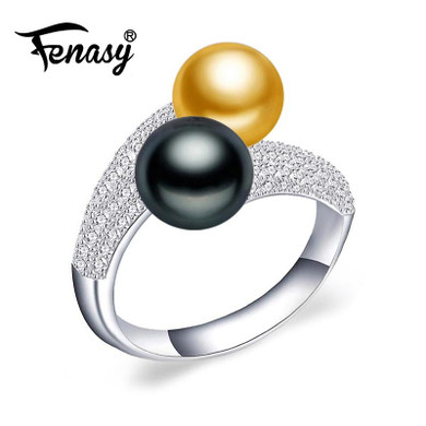 FENASY Pearl Jewelry,double Pearl rings,black white Freshwater Pearl rings,925 Silver rings for women punk silver 925 original