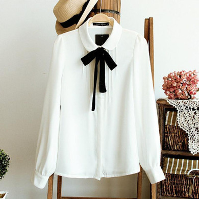 Female Elegant Black Bow Tie White Blouses Chiffon Peter Pan Collar Casual Shirt Ladies Tops School Blouse womens tops and shirt