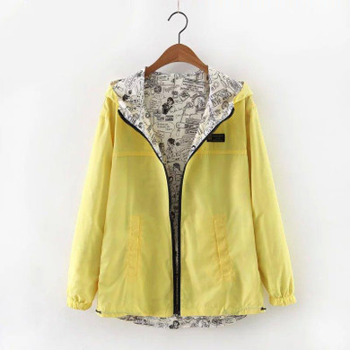 FEKEHA 2018 Autumn Women Bomber Basic Jacket Pocket Zipper Hoodies Women Two Side Wear Cartoon Print Outwear Loose Coat