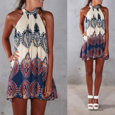 2017 New Style Summer Dress Women Boho Dress Printed Halter Neck Sleeveless Beach Party Mini Dresses Plus Size Vestidos Beige