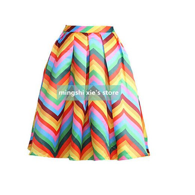 2017 New Spring Summer Skirts Womens High Waist Rainbow Striped midi Skirt Ladies Pleated mini Skirt Saia Skirt For Women