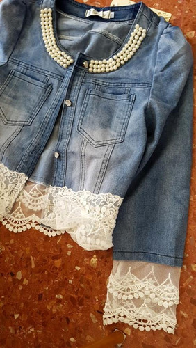 2017 New Spring Fall Women Denim Jacket Short Vintage Beading Jeans Outerwear Slim Lace Patchwork Long-sleeve Lady Jackets Femme
