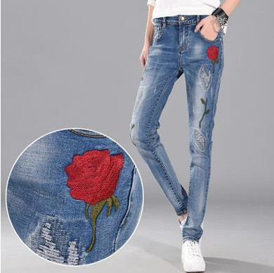 2017 summer calf-length jeans with embroidery floral harem Pants mid waist Denim Casual Femme boyfriend ripped jeans for women
