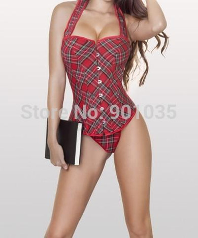 Free shipping NEW SEXY SCHOOLGIRL RED TARTAN BURLESQUE FANCY DRESS CORSET