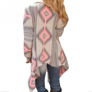 Long Sleeve Casual Women Long Cardigan Casual Blouse Irregular Coats Pink Cardigan Geometric Printed Cotton Knitted Poncho