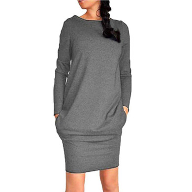 Casual Loose Long Sleeve Pocket Autumn Winter Dress 2017 Women's Sheath O-Neck Dresses Work Office Dress Plus Size