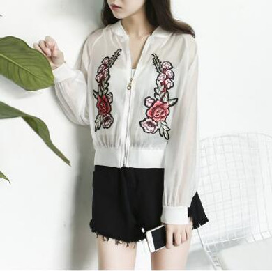 Casual Floral Embroidery see through spring Jacket women Zipper outwear basic coats femme Thin Mesh Short windbreaker bomber