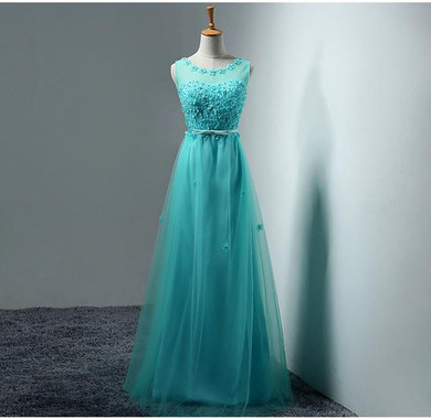 2017 Vestido de festa A-Line Scoop Tulle Evening Dresses With Appliques Beading Pearls Lace-Up Floor Length Prom Dresses