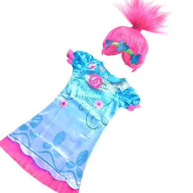 2017 Trolls Clothes Carnival Costumes Kids Dress For Girls Trolls Poppy Baby Dress Party Clothing Dress+Hair Accessories