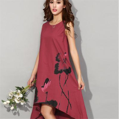 2017 Summer Vintage Sleeveless Loose Dresses Women Casual Cotton Linen Dress Lotus Printing O-neck Plus Size 6xl Summer Dress