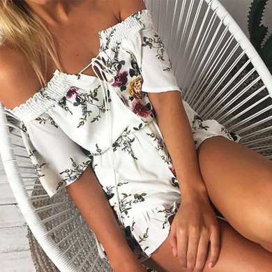 LASPERAL Women Sexy Off Shoulder Floral Print Elegant Ruffle Jumpsuit Romper Ladies Summer Beach Short Playsuit Female Overalls