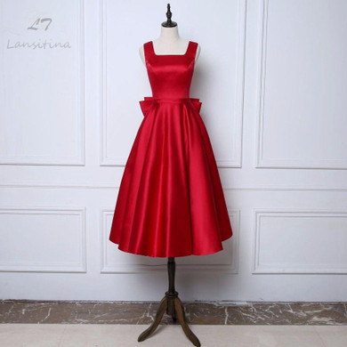 LANSITINA Tea-Length New Dark Red A-Line Evening Dresses Square Collar Satin Custom Made Prom Party Gown With A Big Bow