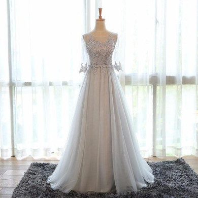 LANSITINA Elegant O-Neck A-Line Sweep Train Lace Evening Dress Cheap Prom Dresses Robe De Soiree Party Dress With Half Sleeves