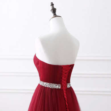 LANSITINA Dark Red Evening Dresses Net Pleat Beading Custom Made Lace-up Back Prom Party Gown With Court Train