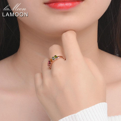 LAMOON Real Natural 6pcs 1.5ct Oval Multi-color Tourmaline Ring 925 Sterling Silver Jewelry 18K Rose Gold Engagement Rings Gifts