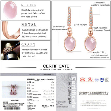 LAMOON Drop Earrings 925 Sterling Silver Oval Earrings Natrual Gemstone Rose Quartz Rose Earrings Fine Jewelry For Women
