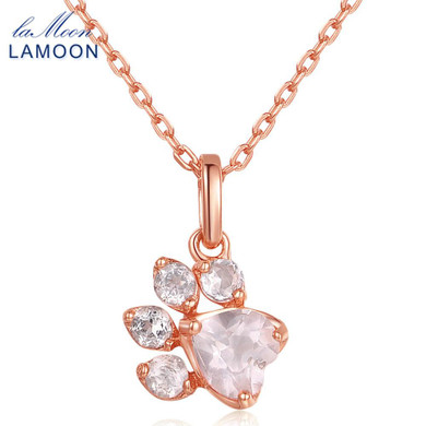 LAMOON Bearfoot 5x5.5mm 100% Natural Gemstone Rose Quartz Chain Necklace 925 Sterling Silver Jewelry Rose Gold Plated LMNI027