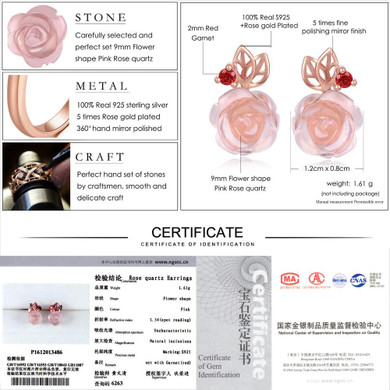 LAMOON 9mm Rose Flower Natural Pink Rose Quartz made with 925 Sterling Silver Jewelry Stud Earrings LMEI015