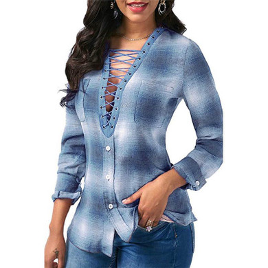 IYAEGE Womens Tops And Blouses 2018 Spring Plaid Shirts Casual Long Sleeve Blouse Sexy Lace Up Shirt Women Tunic Tops Blusas XXL