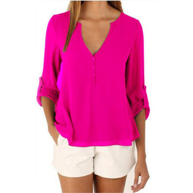 IYAEGE Loose Casual Fall Blouses Women Long Sleeve Deep V Neck Chiffon Blouse Shirt Button Back Asymmetric Ladies Tops Blusas