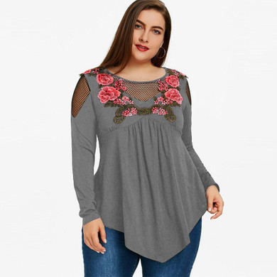 AZULINA Plus Size Women Blouse 2018 Fashion Embroidery Fishnet Insert Babydoll Ladies Tops Casual Long Blouses Shirts Blusas 5XL