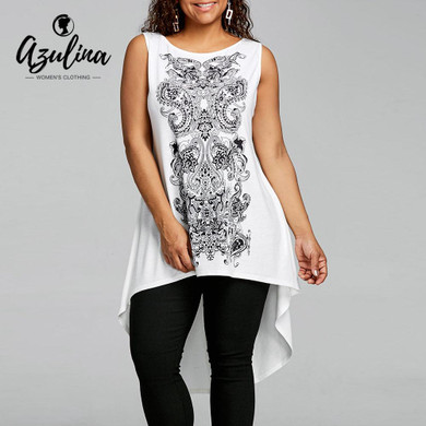 AZULINA Plus Size Tops O Neck Sleeveless Paisley High Low T-Shirt 2018 Summer Casual Long T Shirt Top Big Size Women T-Shirts