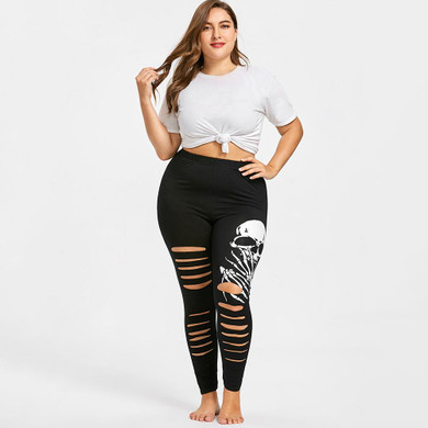 AZULINA Plus Size Skull Shredding Ripped Leggings Women Leggins Skinny Black High Waist Pencil Pants Trousers Women Clothing 5XL