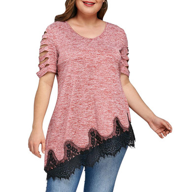 AZULINA Plus Size Shredding Lace Trim T-Shirt Women Top Tee Short Sleeve V Neck Casual Ladies Tops Summer T Shirts Big Size 5XL