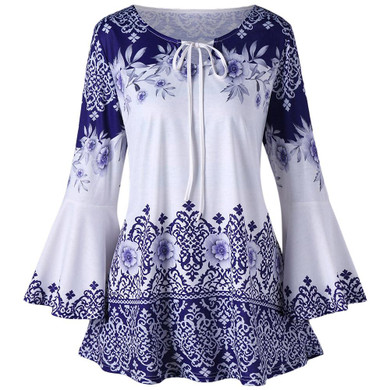 AZULINA Plus Size Print Keyhole T-Shirts Women T Shirt Causal Flare Sleeve Keyhole Neck T-shirts Ladies Tops Big Size 5XL Tshirt