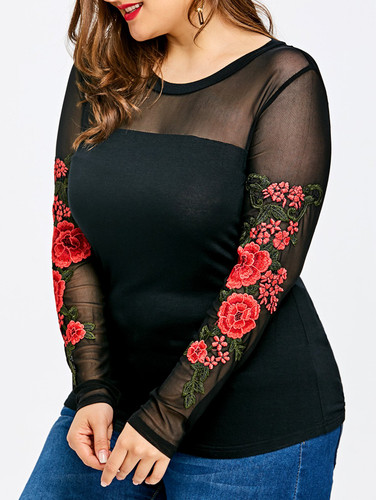 AZULINA Plus Size Embroidery Sheer Long Sleeve Blouses Shirts Women Blouse 2018 Summer Casual Black Womens Tops Big Size Blusas