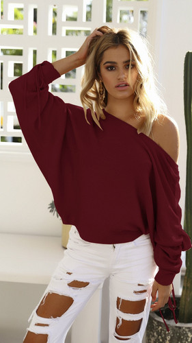 Cova Sophy Knitted Autumn Blouses Skew Collar Fashion Long Sleeve Batwing Sleeve Top Knitting Wool Shirts