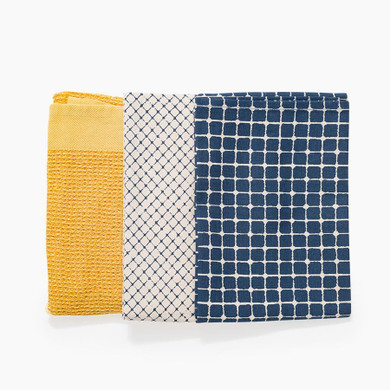 Cotton Tea Towel Set in Indigo/Yellow