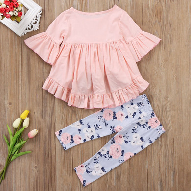 Cotton T-shirt Top Short Sleeve Pants Flower 2PCS Clothing Set Toddler Kids Baby Girls Outfits Clothes Sets