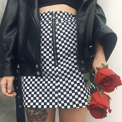 2017 harajuku vintage Black White Plaid Circle Zipper Women Slim Skirt