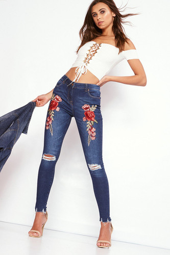 Bothwinner Stretch Embroidered Jeans For Women Elastic Flower Jeans Female Pencil Denim Pants Rose Pattern Pantalon Femme
