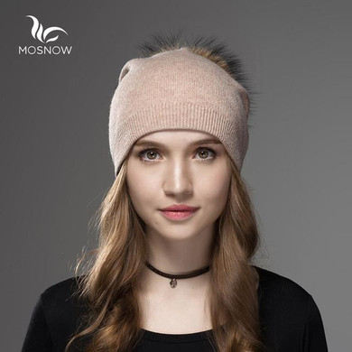 Mosnow Raccoon Wool Fox Fur Pom Poms Hat Female  Women Warm Knitted Casual High Quality Vogue Winter Hats Skullies Beanies