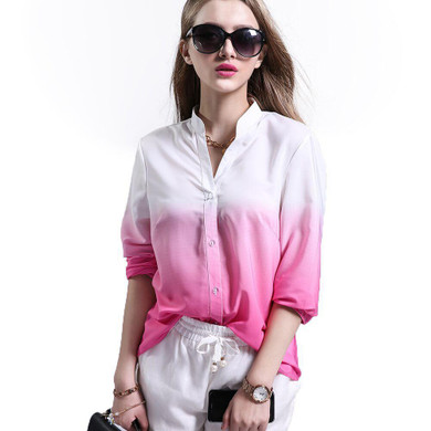 2017 New Arrival Women Tops Fashion Lady Shirt Long Sleeve V Neck Gradient Color Casual Blouses Streetwear Plus Size Blouses
