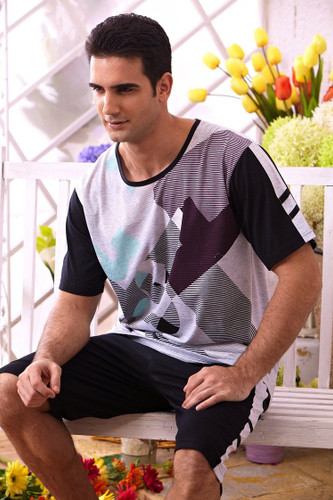 Free Shipping Men Summer cotton short-sleeve shorts male sleepwear Set lounge underwear set twinset