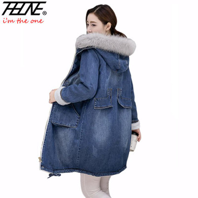 Brand Denim Jacket Women Faux Fur Coat Long Parka Warm Fleece Velvet Pockets Hoody Outwear Manteau Denim Coat Jeans Parka Female