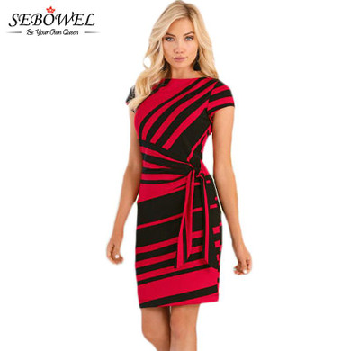 SEBOWEL Summer Elegant Women Black White Striped Office Work Dress Casual Ladies Slim Sheath Bodycon Short Party Dress Vestidos