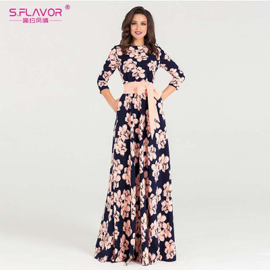 S.FLAVOR Women printing summer dress Elegant O-neck loose style long party dress for female Hot sale women vestidos No pockets