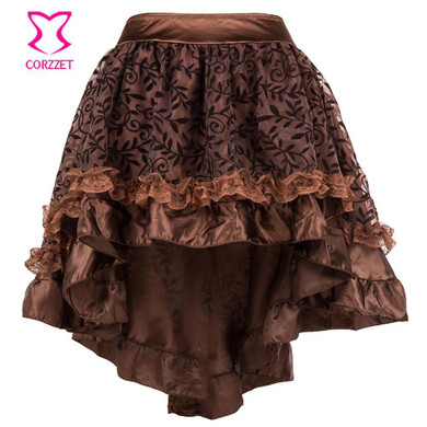 s-6XL Brown Asymmetrical Floral Tulle Ruffled Satin &amp; Lace Trim Gothic Skirts Womens Vintage Steampunk Clothing Victorian Skirt