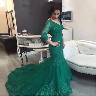 2017 New Mermaid Prom Dresses Long Evening Gowns vestido de festa Lace Turquoise Party Dress With Long Sleeve robe de bal