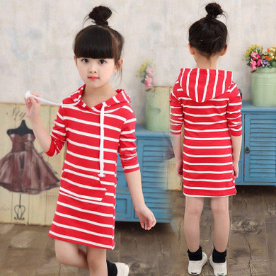 Fashion Autumn Girl Dress Hooded Long Sleeve Kids Clothes Toddler Next Casual Children Clothing Striped Tutu Baby Dresses Girls
