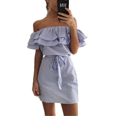 2017 Ruffles slash neck women dress Summer style off shoulder Butterfly Sleeve dresses Striped mini dress With Belt Vestidos