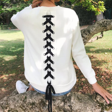 Casual Women Hoodies Long Sleeve O-Neck Harajuku Hoodie Lace Up Back Sweatshirts For Women WS3761R