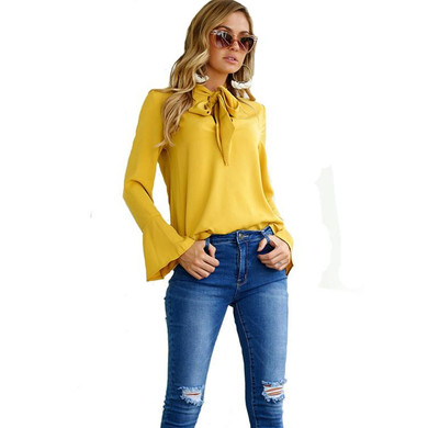 Casual Summer Blusas 2018 New Fashion Full Flare Sleeve Solid Chiffon Shirt Thin Tops Korean Bow Plus Size Women Blouse Kimono